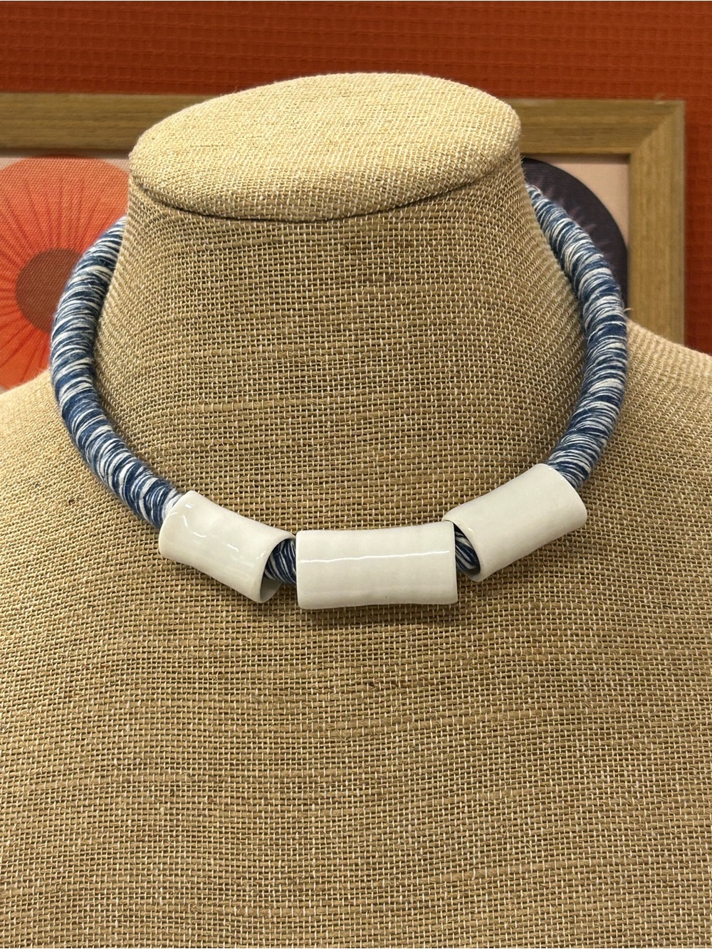 Artisan White Ceramic & Blue Rope Statement Necklace